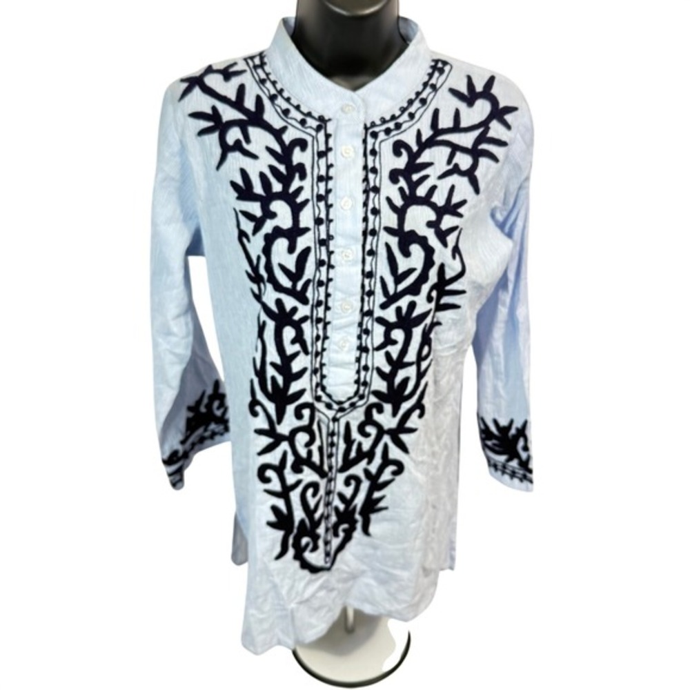 Madison Mathews Blue White Striped Embroidered Tunic Top XS‎ Band Collar Boho